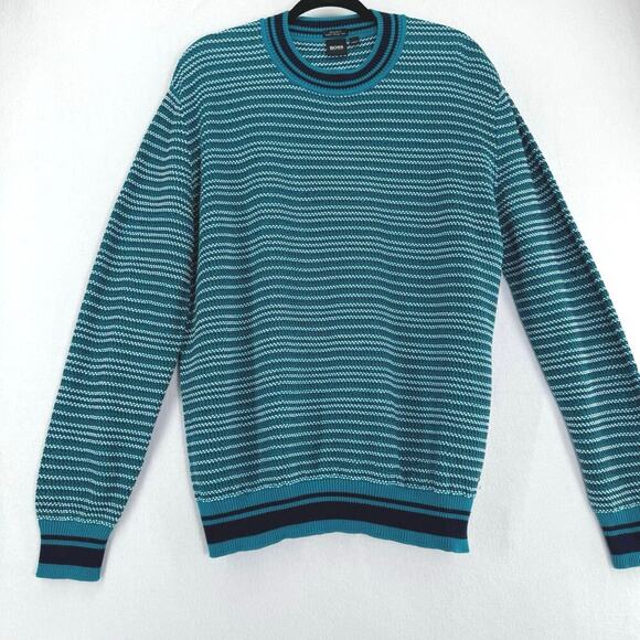 Hugo Boss Mens Sweater Size XL Cable Knit Italian Yarn Crew Neck Pullover green - Picture 2 of 8